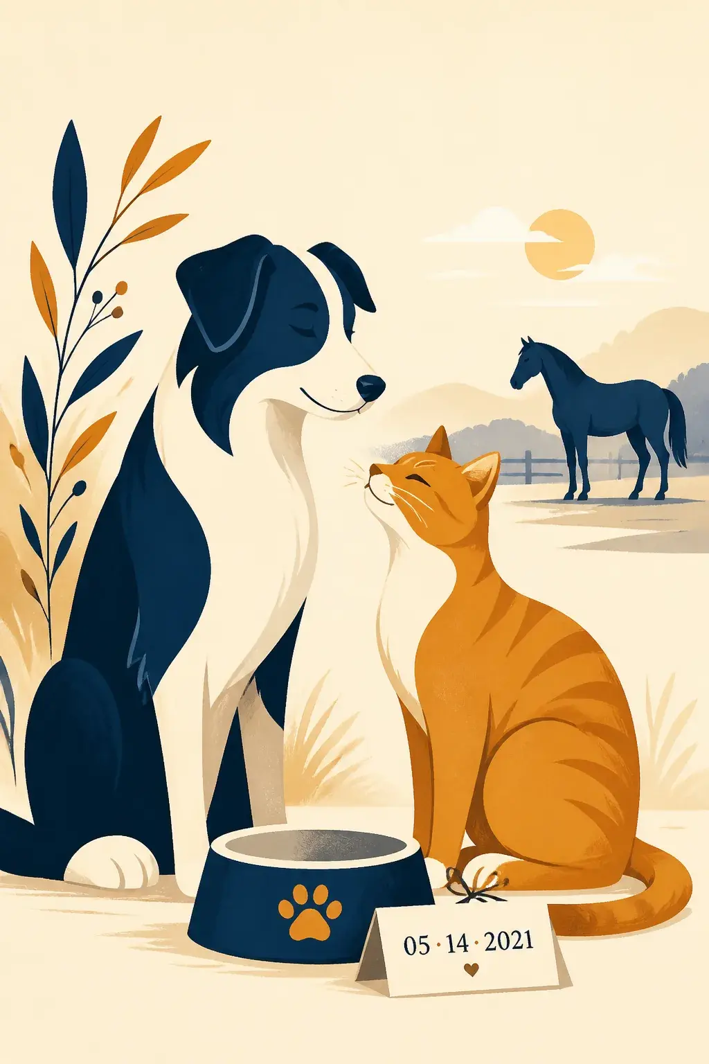 Illustration animaux — chien, chat et cheval